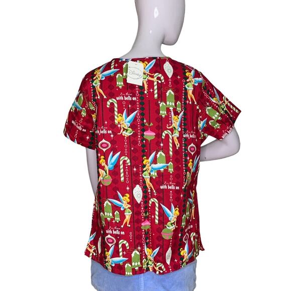 Disney NWT Tinker Bell Christmas Scrub Top Short Sleeves Red and Green … - Picture 4 of 9